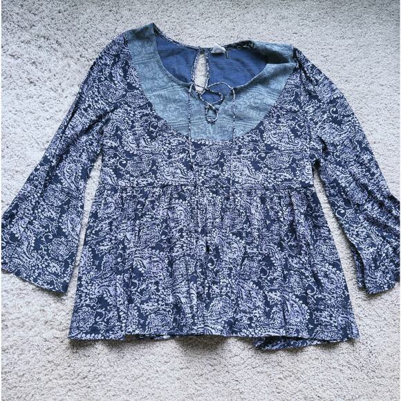 Anthropologie Akemi + Kin Blue Damask Paisley Blouse Medium Babydoll Boho Fall - Picture 3 of 4